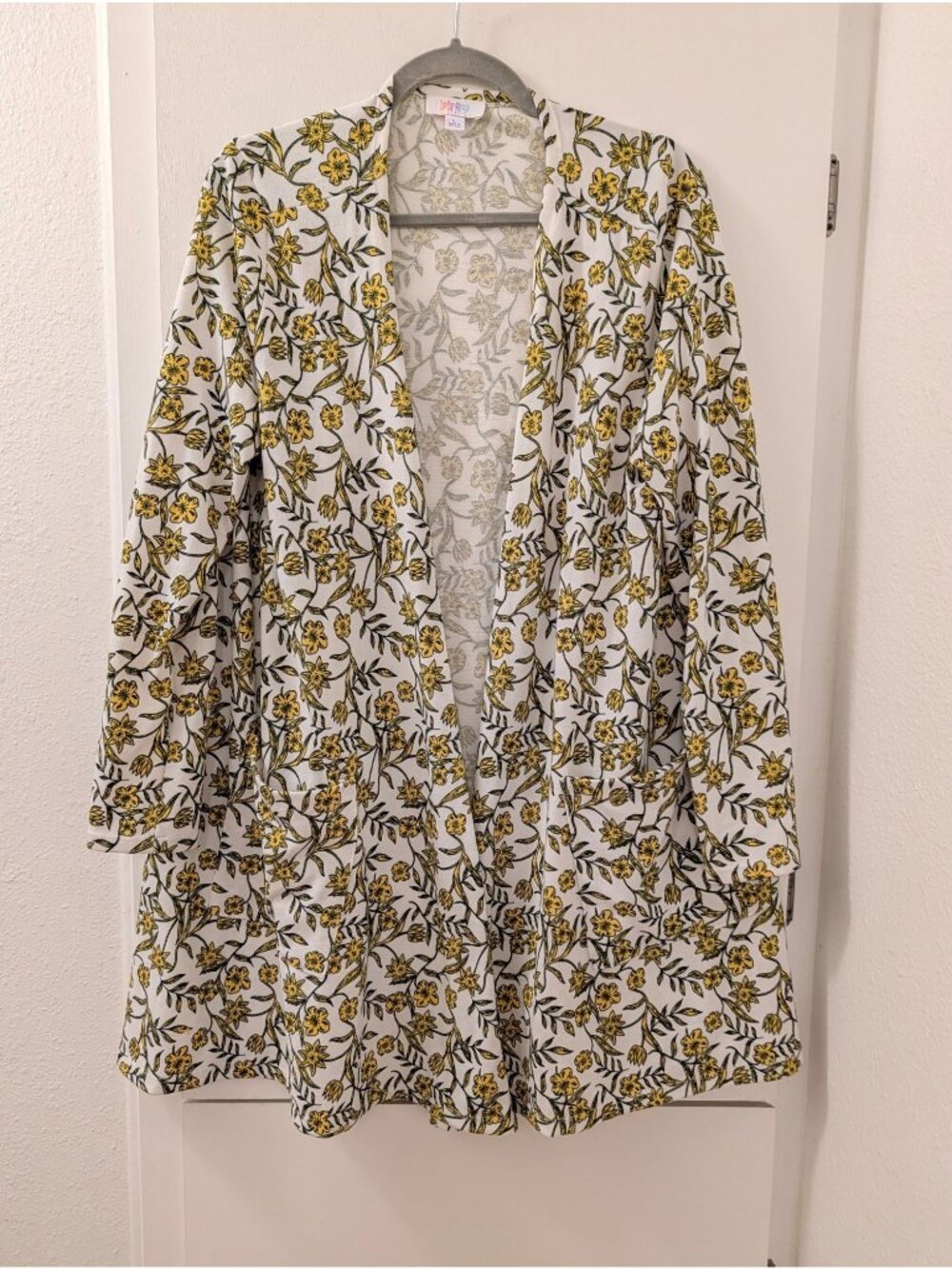 LuLaRoe Caroline Womens Long Open Cardigan Jacket With Yellow Floral Print Size